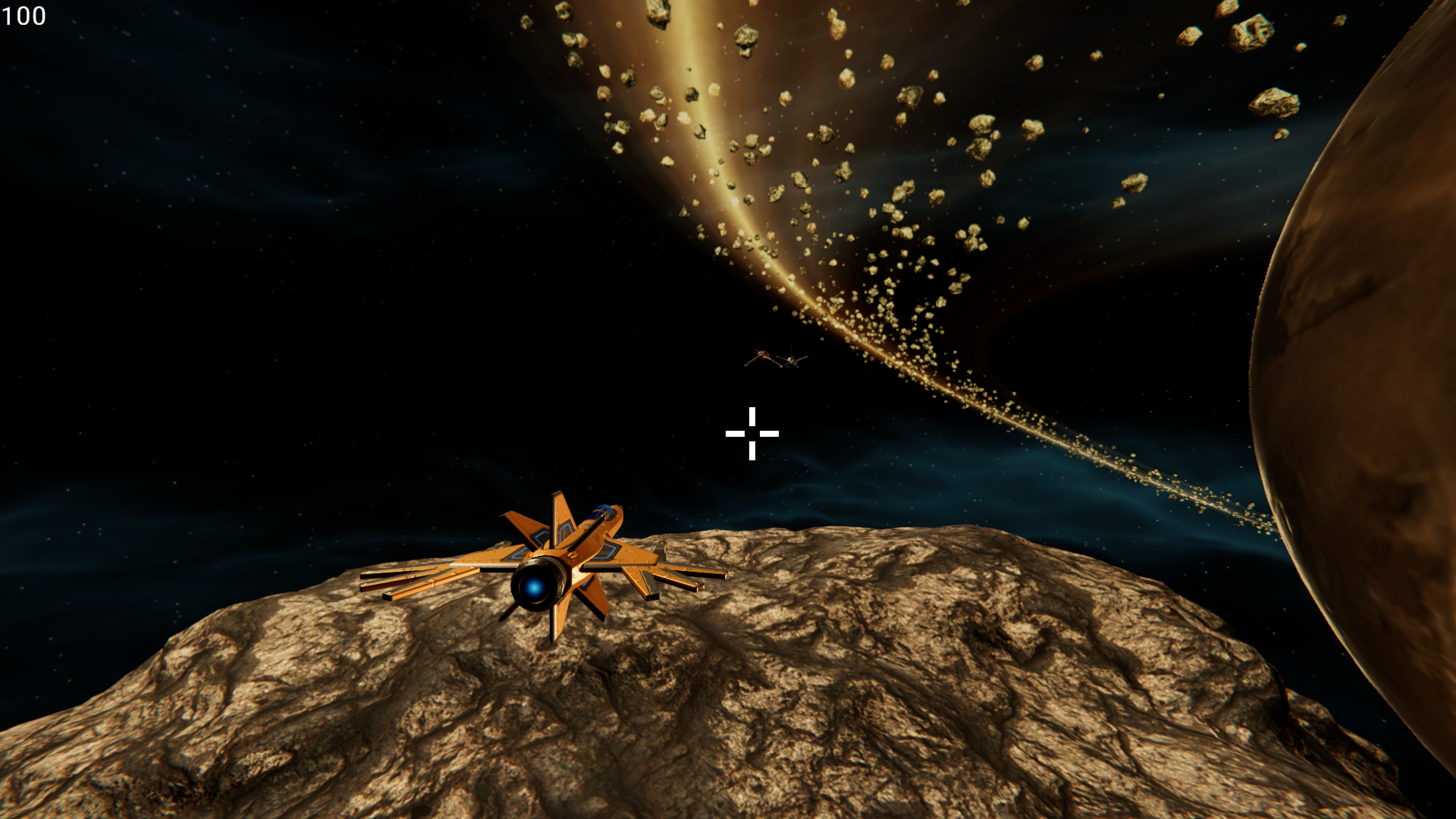 A screenshot of Asteroid Assault showing two ships and a background with a brown planet with a large ring.