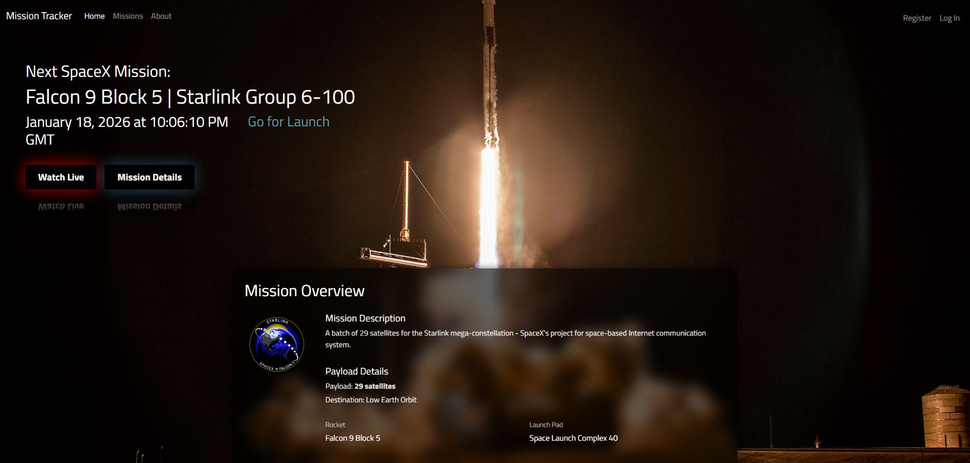 A screenshot of the Spaceflight Mission Tracker Homepage.