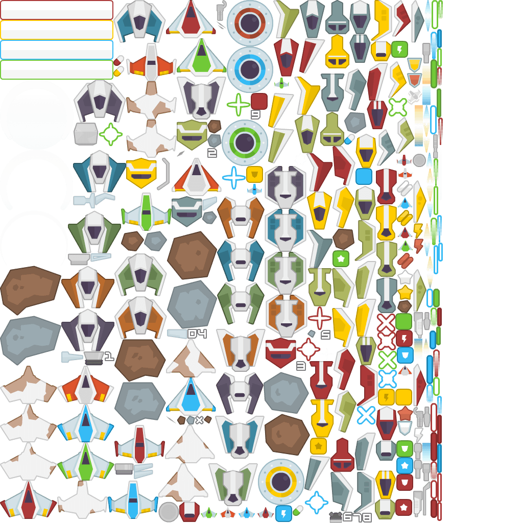 A sprite sheet for a 2D space shooter from Kenney Assets.